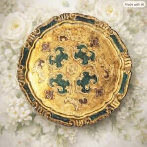 9 in Florentine Serving Tray Gold Green Red Ornate Scalloped Edge Made in Italy